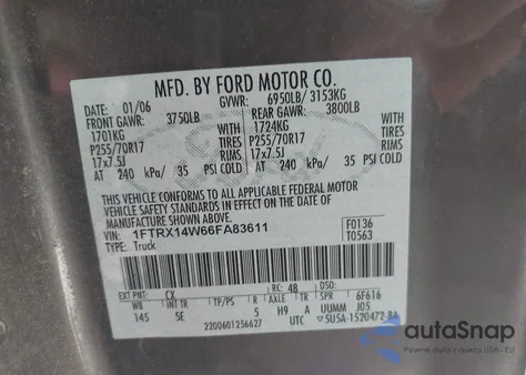 2006 Ford F-150 Stx/Xl/Xlt from USA, damaged, VIN 1FTRX14W66FA83611